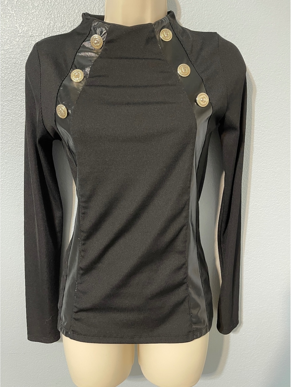 River Island Black Gold Button Military Top Ribbed High Neck Long Sleeve Size 8